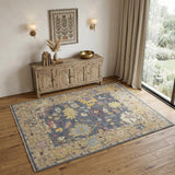 4' X 6' Gold Blue and Purple Wool Oriental Hand Knotted Area Rug With Fringe
