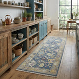 8' Gold Blue and Purple Wool Oriental Hand Knotted Runner Rug With Fringe