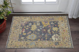 2' X 3' Gold Blue and Purple Wool Oriental Hand Knotted Area Rug With Fringe