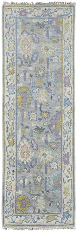 8' Purple Gray and Gold Wool Oriental Hand Knotted Runner Rug With Fringe