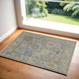 2' X 3' Purple Gray and Gold Wool Oriental Hand Knotted Area Rug With Fringe