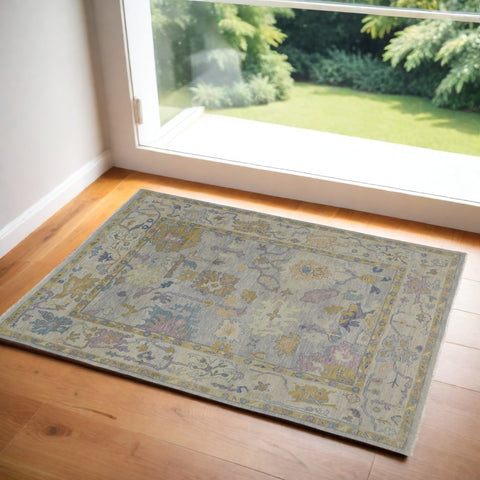 2' X 3' Purple Gray and Gold Wool Oriental Hand Knotted Area Rug With Fringe