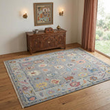 4' X 6' Gray Blue and Red Wool Oriental Hand Knotted Area Rug With Fringe