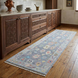 8' Gray Blue And Red Wool Oriental Hand Knotted Runner Rug With Fringe