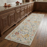 8' Gray Red and Yellow Wool Oriental Hand Knotted Runner Rug With Fringe