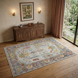 4' X 6' Gray Blue and Gold Wool Oriental Hand Knotted Area Rug With Fringe