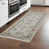 8' Gray Blue and Gold Wool Oriental Hand Knotted Runner Rug With Fringe