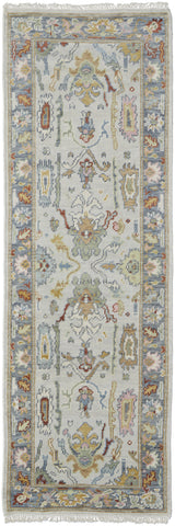 8' Gray Blue and Gold Wool Oriental Hand Knotted Runner Rug With Fringe