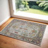 2' X 3' Gray Blue and Gold Wool Oriental Hand Knotted Area Rug With Fringe