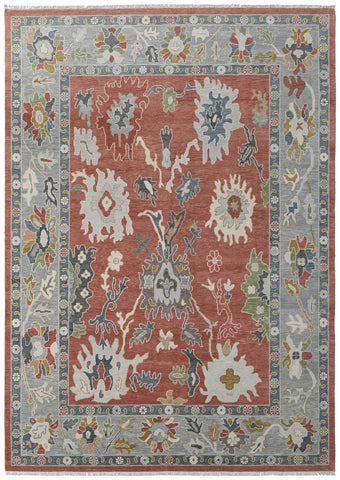 2' X 3' Gray Red and Ivory Wool Floral Hand Knotted Area Rug With Fringe