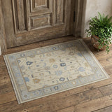 2' X 3' Gray Ivory and Blue Wool Floral Hand Knotted Area Rug With Fringe