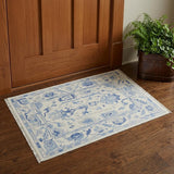 2' X 3' Ivory and Blue Wool Floral Hand Knotted Area Rug With Fringe
