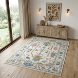 4' X 6' Blue Ivory and Pink Wool Floral Hand Knotted Area Rug With Fringe