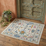 2' X 3' Blue Ivory and Pink Wool Floral Hand Knotted Area Rug With Fringe