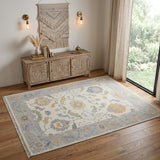 4' X 6' Gray Ivory and Orange Wool Floral Hand Knotted Area Rug With Fringe