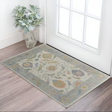 2' X 3' Gray Ivory and Orange Wool Floral Hand Knotted Area Rug With Fringe