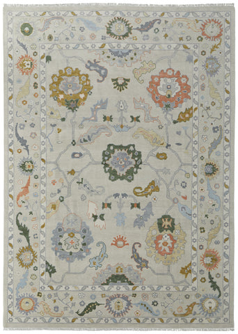 2' X 3' Gray Ivory and Gold Wool Floral Hand Knotted Area Rug With Fringe
