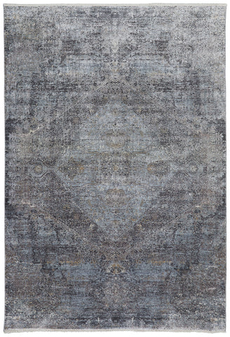 4' X 5' Gray and Silver Abstract Power Loom Worn Faded Area Rug