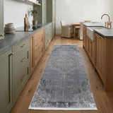 8' Gray and Silver Abstract Power Loom Worn Faded Runner Rug