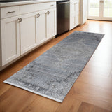 10' Gray And Silver Abstract Distressed Runner Rug
