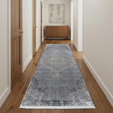 10' Gray And Silver Abstract Distressed Runner Rug