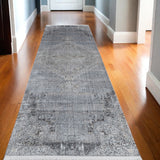 12' Gray and Silver Abstract Power Loom Worn Faded Runner Rug