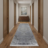 12' Gray and Silver Abstract Power Loom Worn Faded Runner Rug