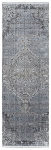 12' Gray and Silver Abstract Power Loom Worn Faded Runner Rug
