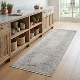8' Gray and Ivory Oriental Power Loom Worn Faded Runner Rug