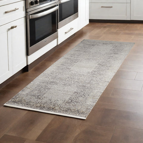 10' Gray And Ivory Oriental Distressed Runner Rug