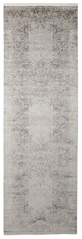 10' Gray And Ivory Oriental Distressed Runner Rug