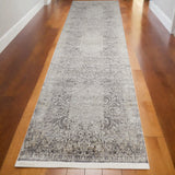 12' Gray and Ivory Oriental Power Loom Worn Faded Runner Rug