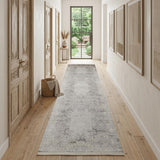 12' Gray and Ivory Oriental Power Loom Worn Faded Runner Rug