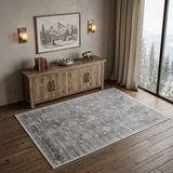 4' X 5' Gray and Silver Damask Power Loom Worn Faded Area Rug