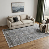 5' X 7' Gray and Silver Damask Power Loom Worn Faded Area Rug