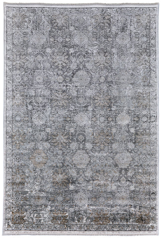 5' X 7' Gray and Silver Damask Power Loom Worn Faded Area Rug