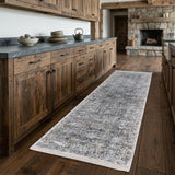 8' Gray and Silver Damask Power Loom Worn Faded Runner Rug