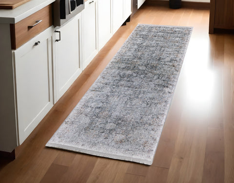 10' Gray And Silver Damask Distressed Runner Rug