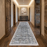 10' Gray And Silver Damask Distressed Runner Rug