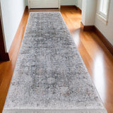 12' Gray and Silver Damask Power Loom Worn Faded Runner Rug