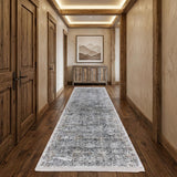12' Gray and Silver Damask Power Loom Worn Faded Runner Rug