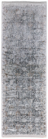 12' Gray and Silver Damask Power Loom Worn Faded Runner Rug