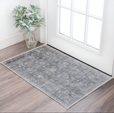 2' X 3' Gray and Silver Damask Power Loom Worn Faded Area Rug