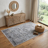 4' X 5' Gray and Silver Oriental Power Loom Worn Faded Area Rug