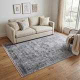 5' X 7' Gray and Silver Oriental Power Loom Worn Faded Area Rug