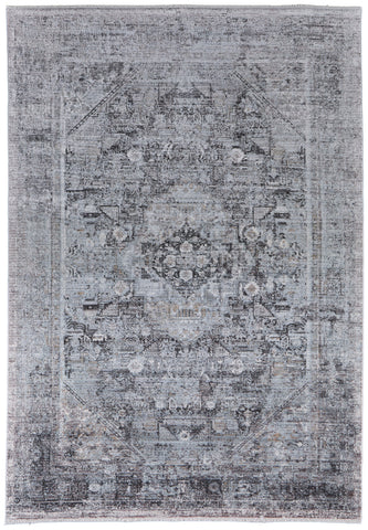 5' X 7' Gray and Silver Oriental Power Loom Worn Faded Area Rug