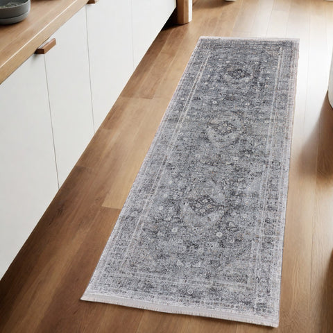 10' Gray And Silver Oriental Distressed Runner Rug