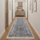 10' Gray And Silver Oriental Distressed Runner Rug