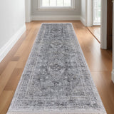 12' Gray and Silver Oriental Power Loom Worn Faded Runner Rug