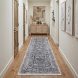 12' Gray and Silver Oriental Power Loom Worn Faded Runner Rug